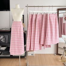 粉色色织格纹半裙复古休闲高腰直筒休闲裤