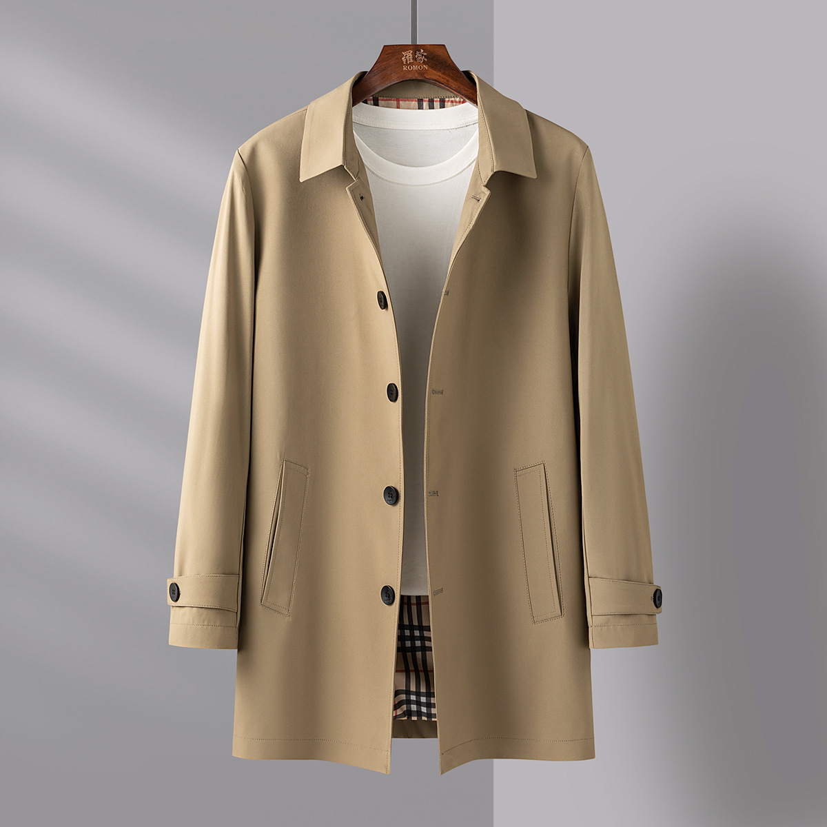 春款现货不连帽侧缝插袋无腰带单排扣普通纯色修身型棕色休闲风衣