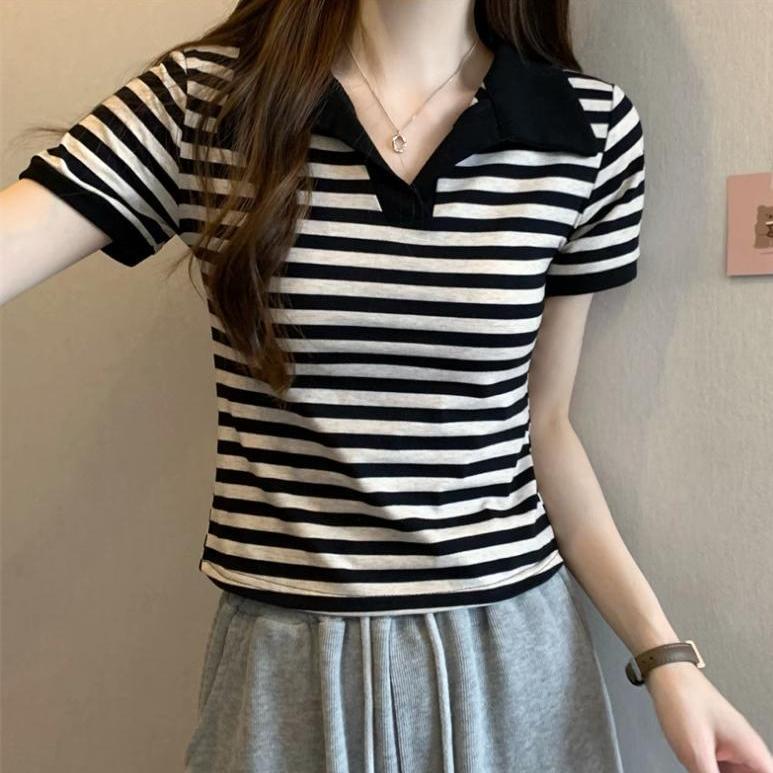 条纹polo衫女短袖正肩显瘦韩版洋气短款气质休闲v领上衣t恤ins潮