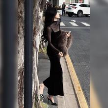 法式气质绝美丝绒吊带连衣裙女赫本风高端修身显瘦包臀礼服长裙子