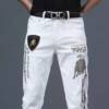 Chaopai Spring and summer Self cultivation personality badge Hot stamping Embroidery Pencil Pants Trend handsome Elastic force white Jeans Chaopai Spring and summer Self cultivation personality badge Hot stamping Embroidery Pencil Pants Trend handsome Elastic force white Jeans