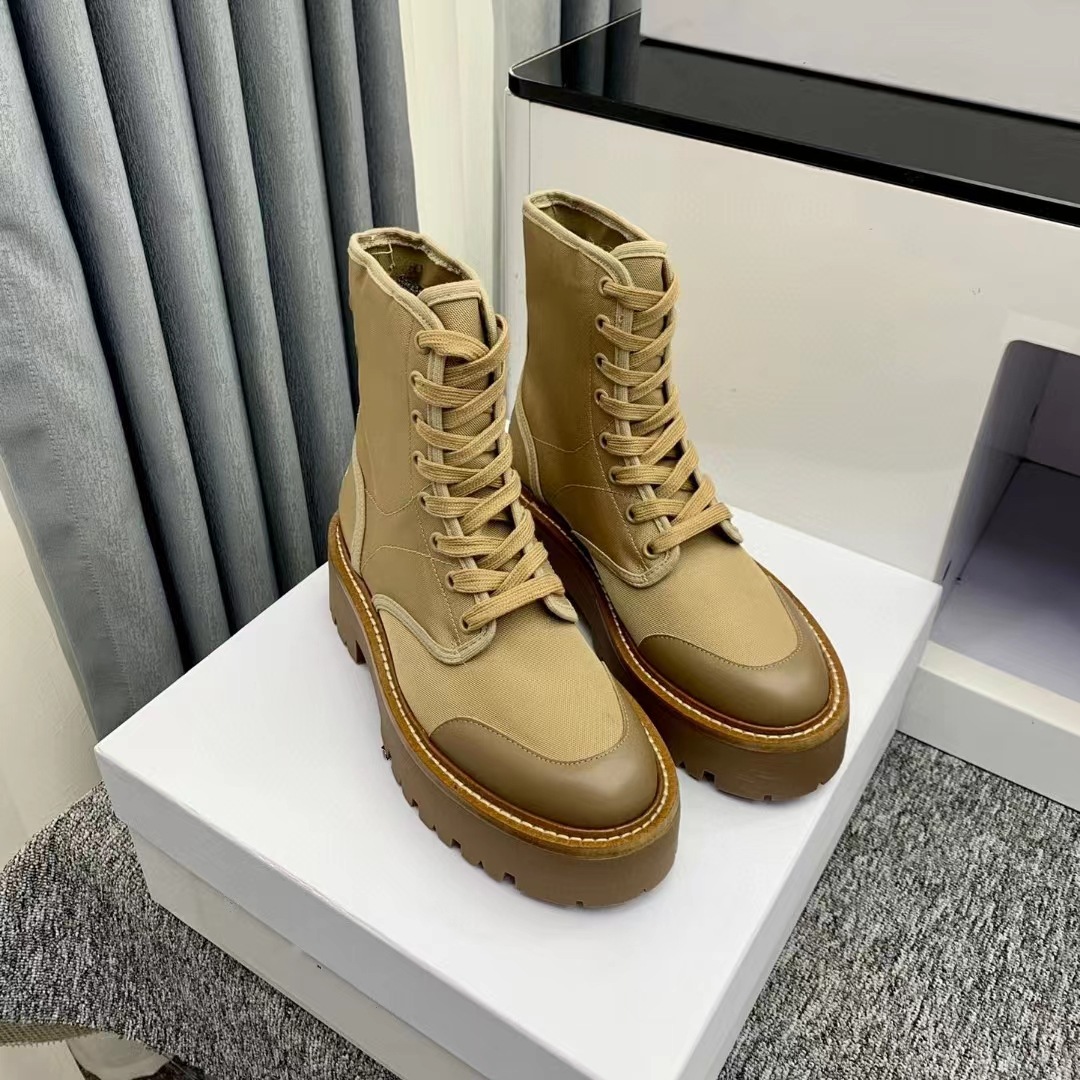 2022新款厚底系带帆布马丁靴短筒女款厚底增高单靴机车靴中跟短靴