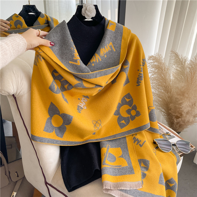 Autumn and Winter Five-Leaf Flower Artificial Cashmere Scarf Lady Style All-Matching Warm Shawl Dual-Use Winter Bib Long Shawl