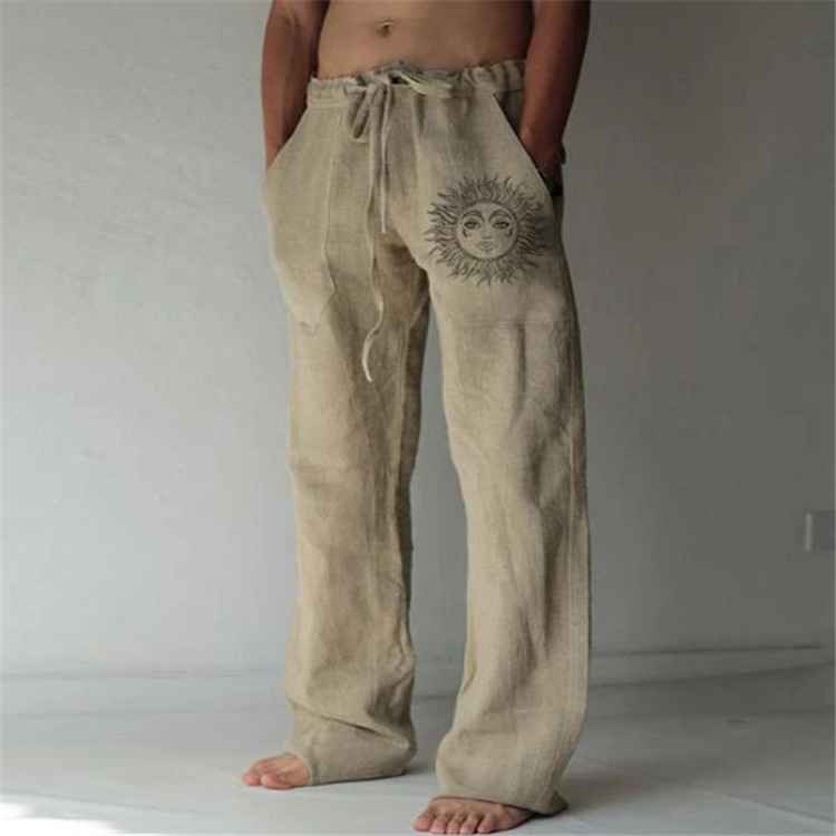 European and American Amazon Men's New Drawstring Elastic Cotton and Linen Loose Casual Trousers