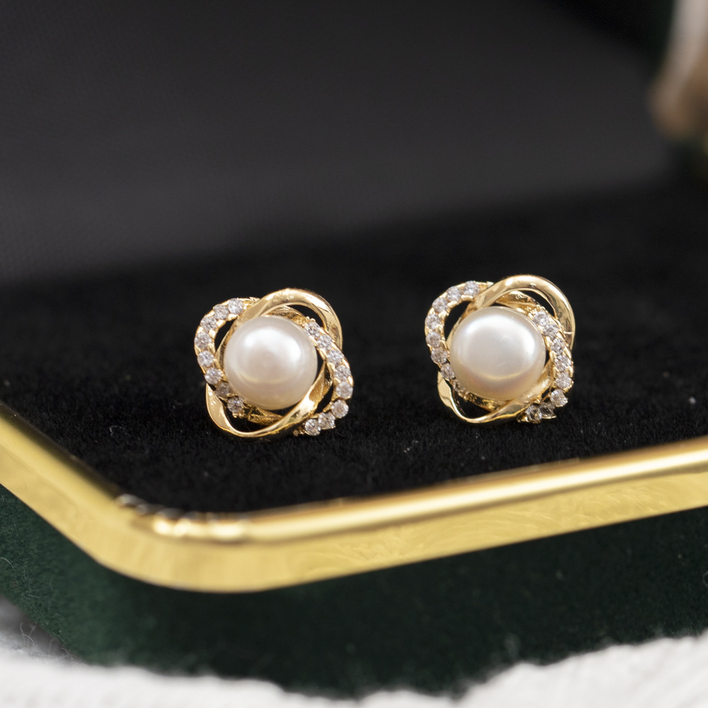 玫瑰花迷你天然珍珠耳环 夏季新款s925银针耳饰注18k金法式首饰女