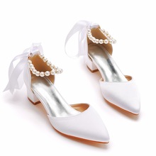 4厘米中低跟尖头中空凉鞋粗跟浅口女鞋白色缎布婚礼宴会新娘鞋