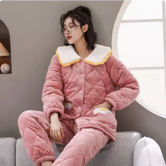 冬季女士三层夹棉加厚保暖家居服套装可外穿睡衣新款珊瑚绒睡衣