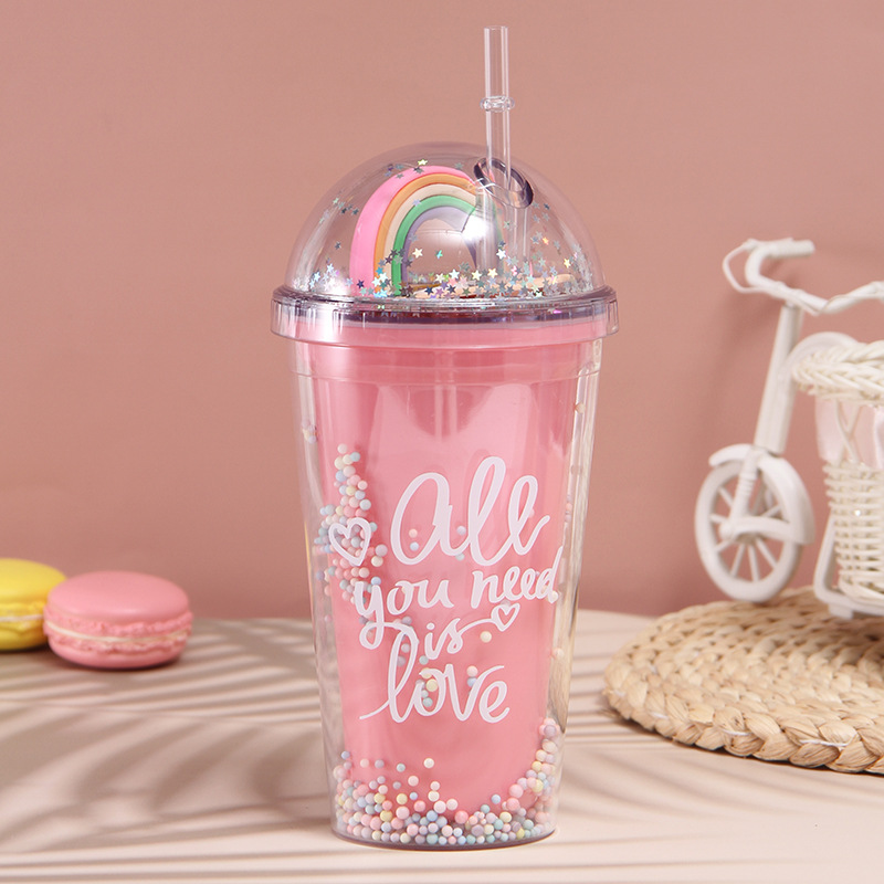 Korean Style Rainbow Pop Cup with Straw Large Capacity Cute Male and Female Students Summer Ice Glass Double-Layer Plastic Cup with Flashing Light