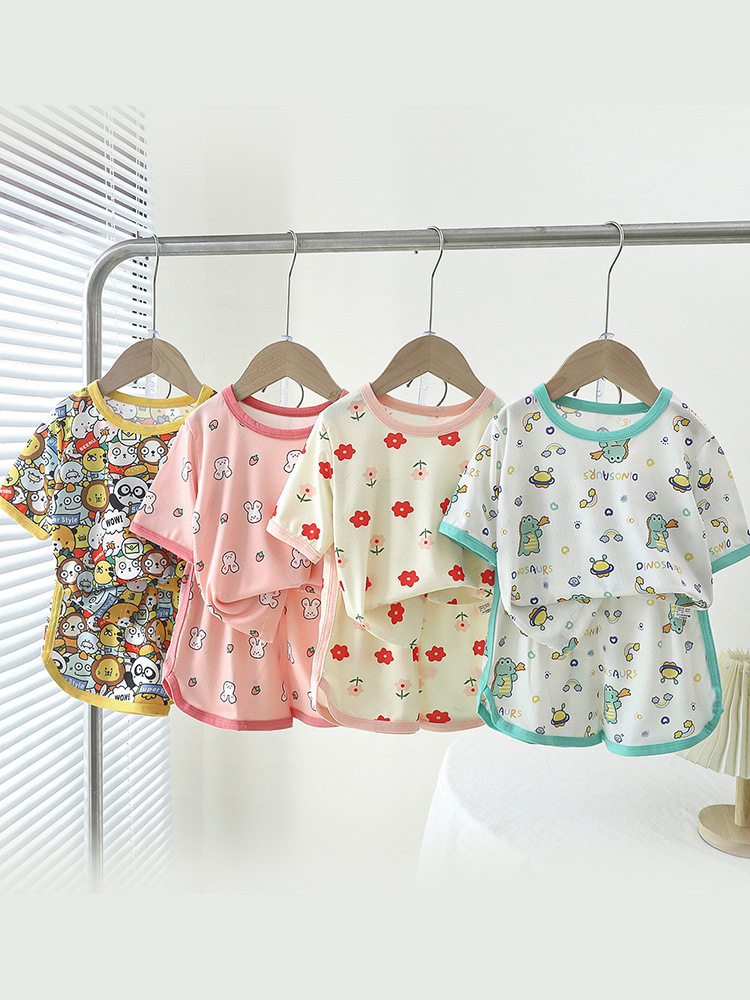 Children's Short-Sleeved Shorts Suit Girls' Summer Ice Silk Small Floral Print Homewear Baby Boy Cartoon Short Sleeved T-shirt