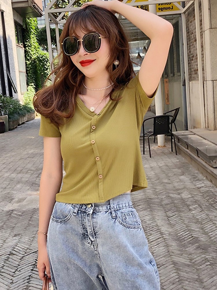 年新款短袖t恤女v领冰丝打底短装短款上衣配高腰阔腿裤针织衫