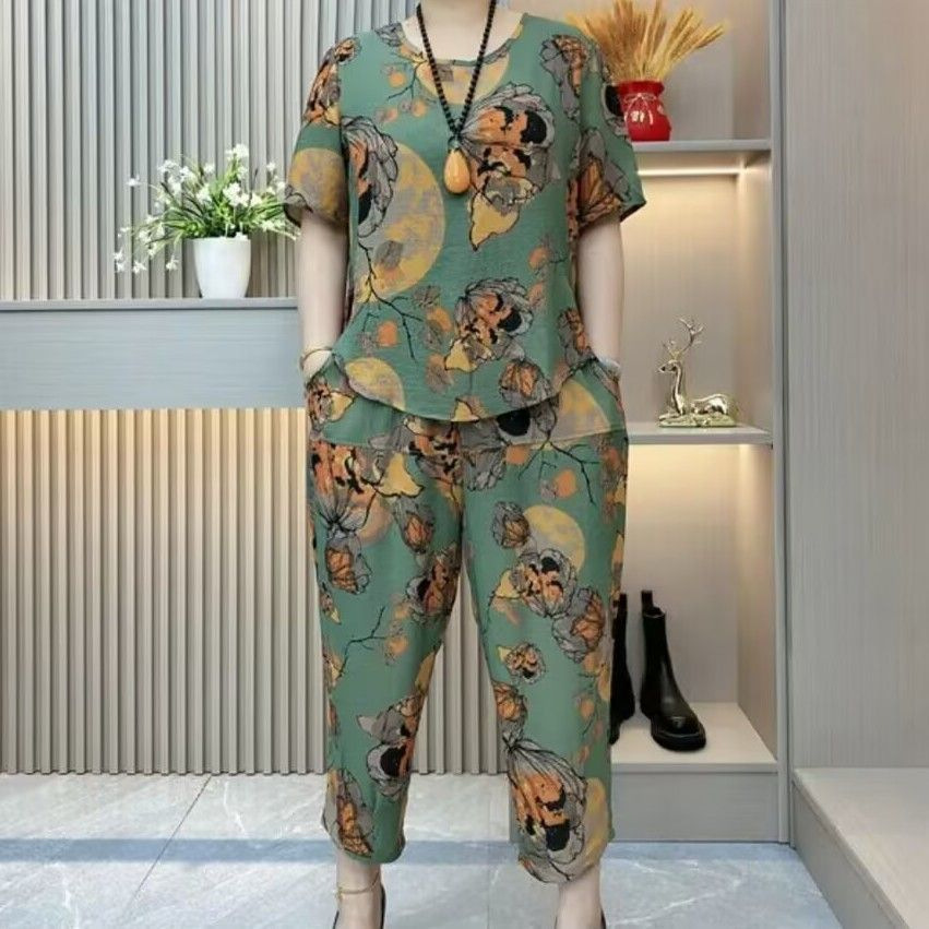 Harem Pants Mom Wear Summer New Short-Sleeved T-shirt Middle-Aged and Elderly Large Size Top Pants Casual Two-Piece Suit Women's Clothing