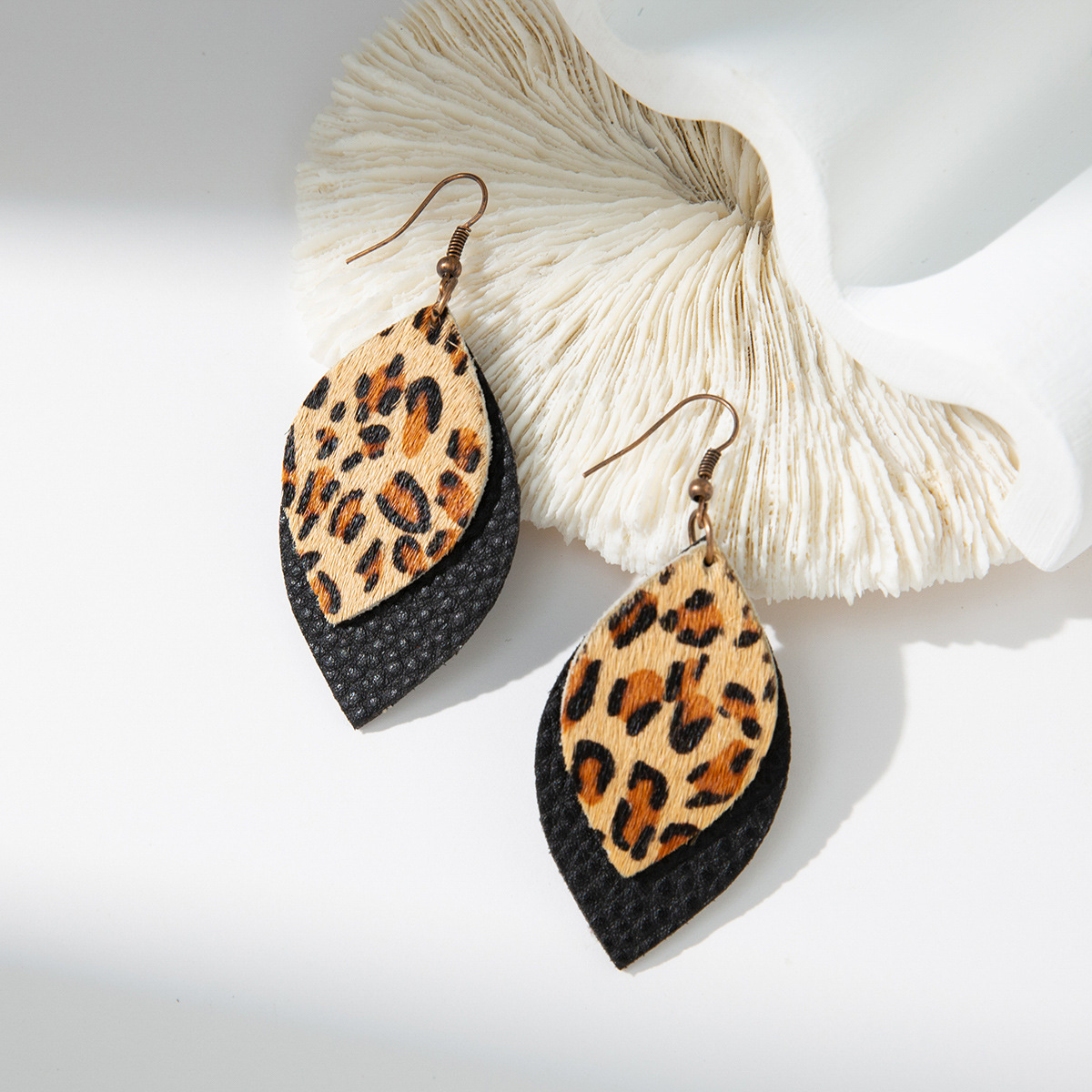 Genuine Leather Horsehair Leopard Print European and American Wind Black Lychee Pattern Double-Layer Leather Earrings Leaves Pu Earrings Cross-Border Amazon