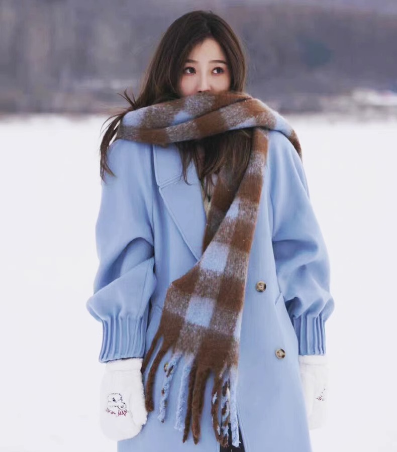 Yu Shuxin Same Style Scarf Autumn and Winter Plaid Korean Style Retro Cashmere-like Scarf Thickened Warm Mohair Shawl