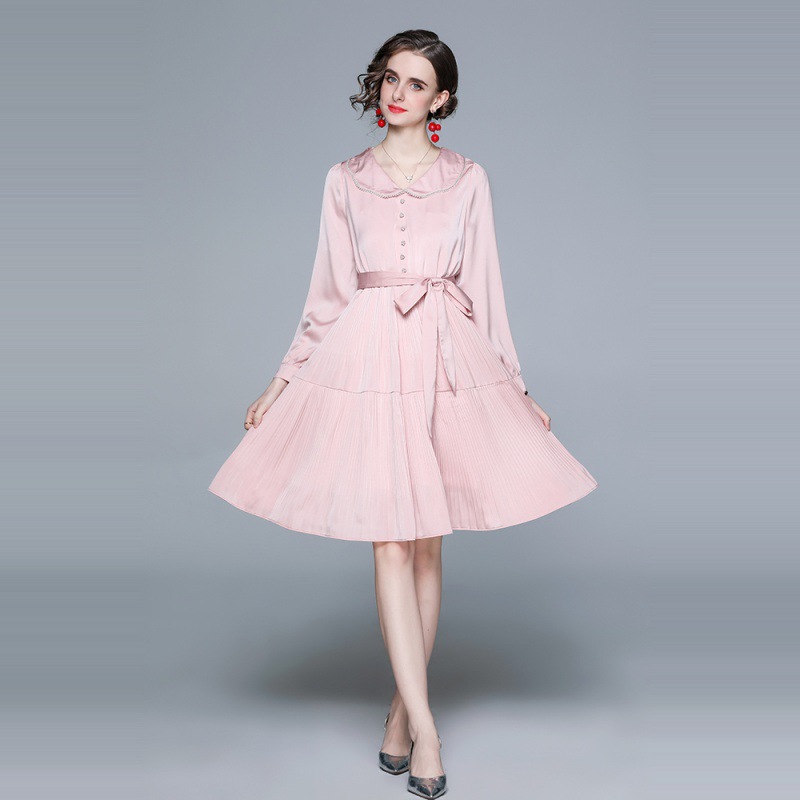 实拍现货 新款女装粉色裙子修身显瘦中长款设计感百褶连衣裙