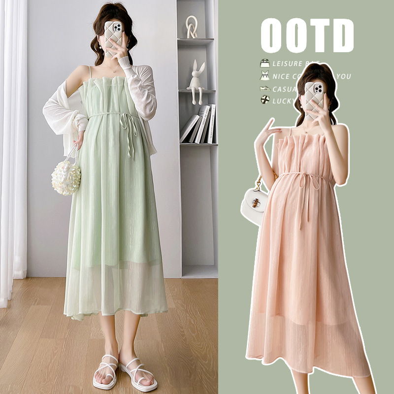 孕妇装实拍春夏装雪纺吊带连衣裙防晒外搭韩版潮妈宽松孕妇两件套