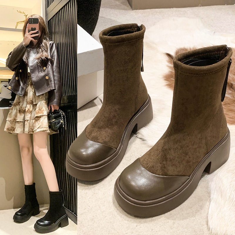 厚底粗跟短靴女2024新款秋冬瘦瘦靴欧洲站英伦风弹力靴增高马丁靴