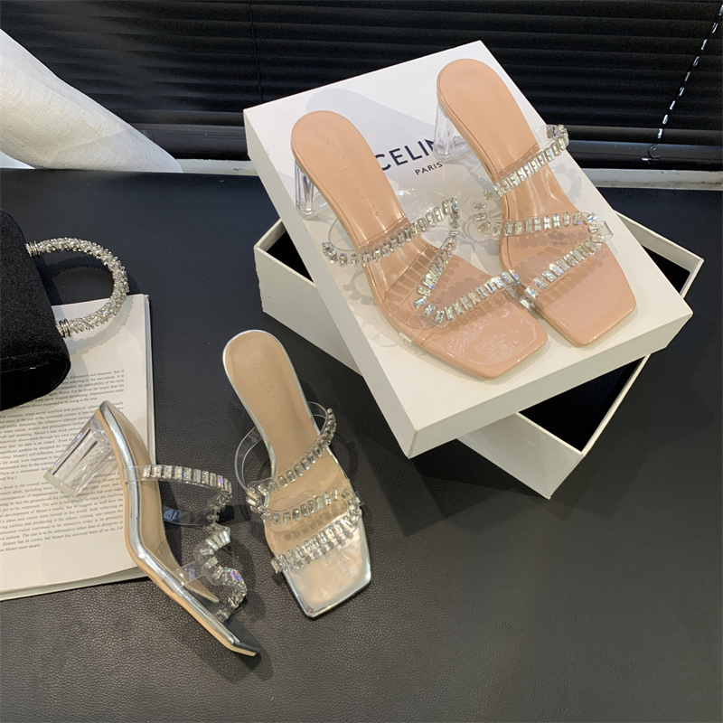 高跟鞋凉鞋女2024年夏季新款时尚透明中跟水晶鞋时装粗跟外穿拖鞋