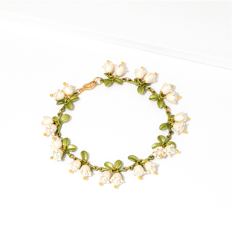 欧美饰品烤漆淡水珍珠山谷铃兰百合树叶花卉主播同款女神手链手环