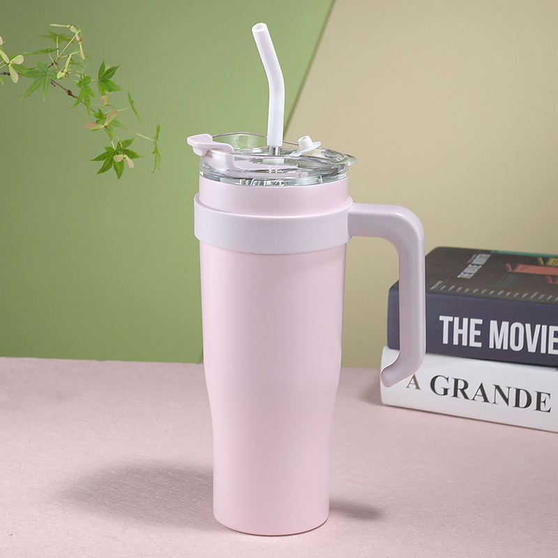 New 304 Double-Layer Vacuum Ice Cream Cup with Handle Stainless Steel Vacuum Cup with Straw Portable Car Cup