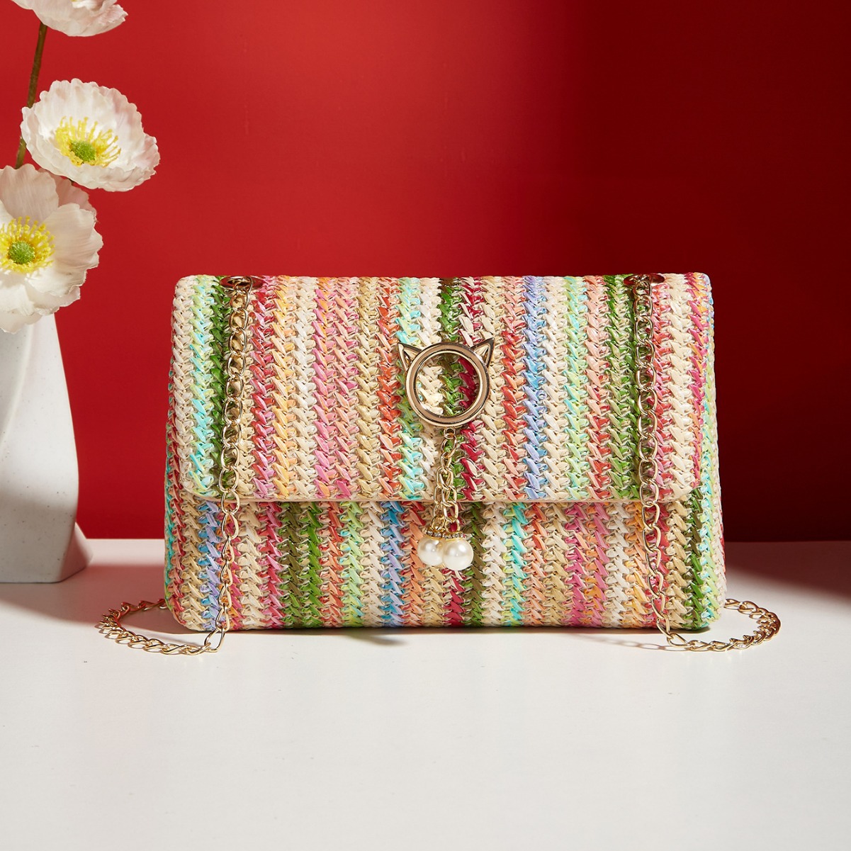 批发2024时尚女士斜挎包韩版潮草编女包包锁扣闭合简约小方包bag