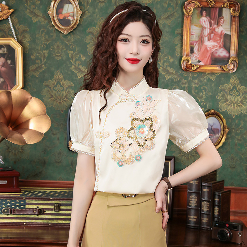 国风夏季重工立体刺绣钉珠盘扣复古贵妃缎改良旗袍短袖上衣衬衫女