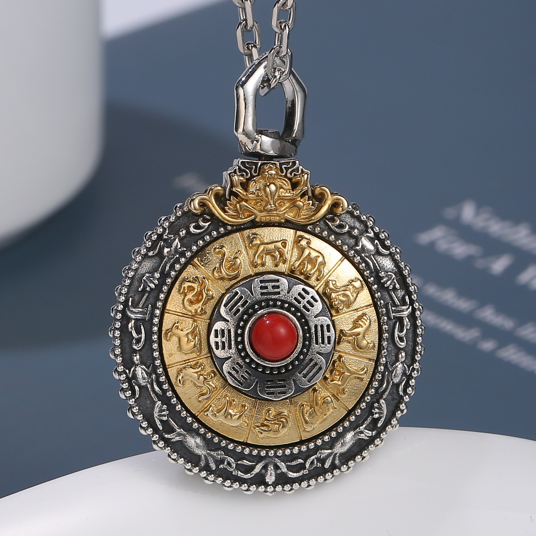 s925纯银西藏九宫八卦牌男士吊坠十二生肖泰银项链女国潮项饰批发