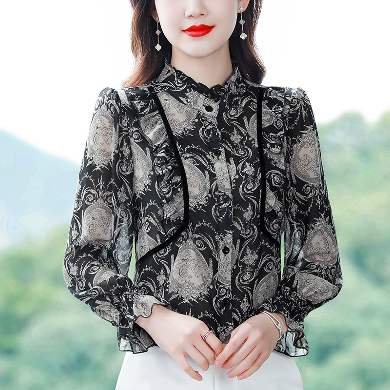 专柜复古印花真丝衬衫女长袖春秋新款洋气木耳边桑蚕丝妈妈装衬衣