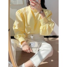 棉奶黄色长袖衬衫女2024年春季洋气泡泡袖上衣设计感白衬衣薄款