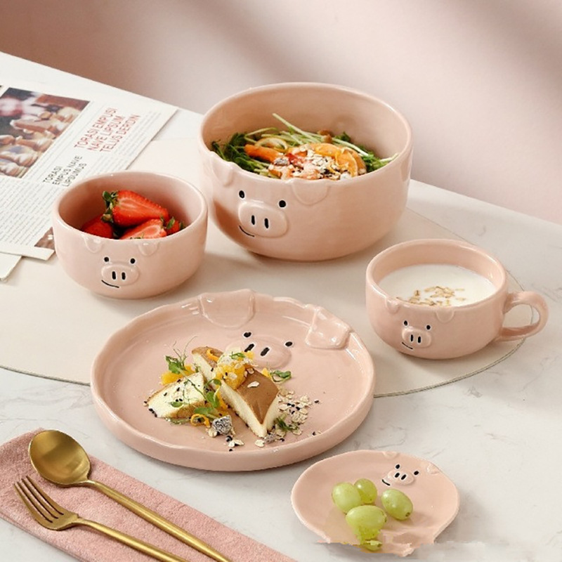 Pink Pig Bowl Dish Plate Ceramic Tableware Set Korean Ins Cute Girl Cartoon Creative Household Children's Tableware