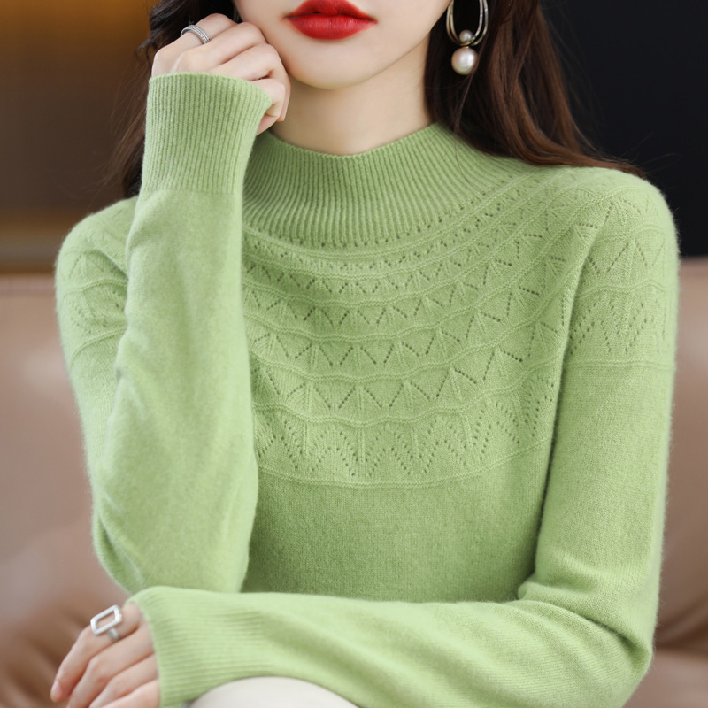 Front Line Ready-Made Garments Cutout Half Turtleneck Woolen Sweater Women's Autumn New Seamless Sweater Women's Bottoming Sweater Wholesale