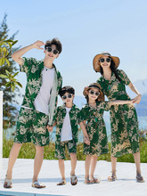 欧美跨境童装父子母女海边度假亲子装一家三口沙滩风短袖花衬衫潮