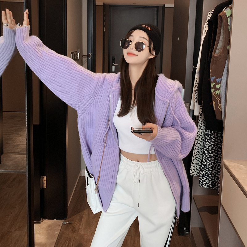 毛衣外套女2021秋冬新款韩版中长款上衣洋气减龄连帽紫色针织开衫