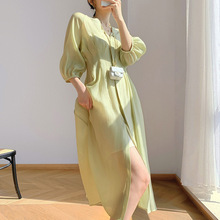 宽松收腰连衣裙2021新款休闲夏季透气清新长裙女绿色连衣裙法式