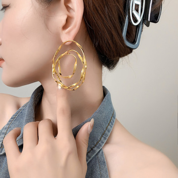 银针金属风多层扭曲夸张耳环跨境新品通勤耳圈时尚个性高级感耳饰