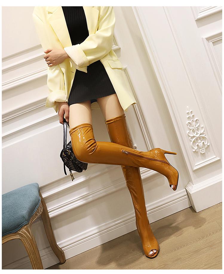 鱼嘴漆皮过膝长靴性感靴子女夏夜店超高跟长筒靴钢管舞高跟鞋大码