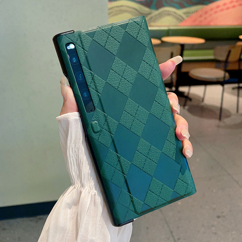 适用华为matexs2手机壳超薄折叠屏全包防摔翻盖xs2皮套时尚菱格绿