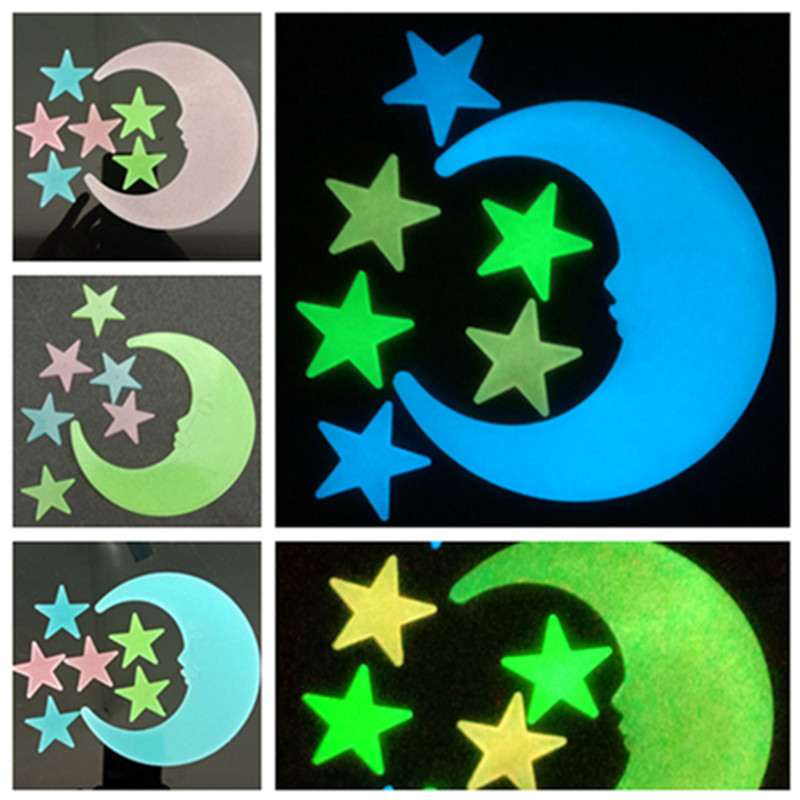 夜光大月亮星星墙贴 跨境货源工厂荧光立体星星圣诞节庆发光贴片