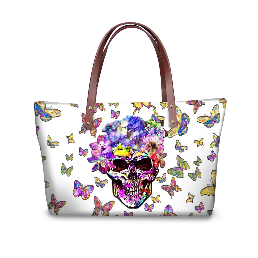 蝴蝶死神骷髅头印花时尚潮流质感百搭横款方形女士手提大包可代发