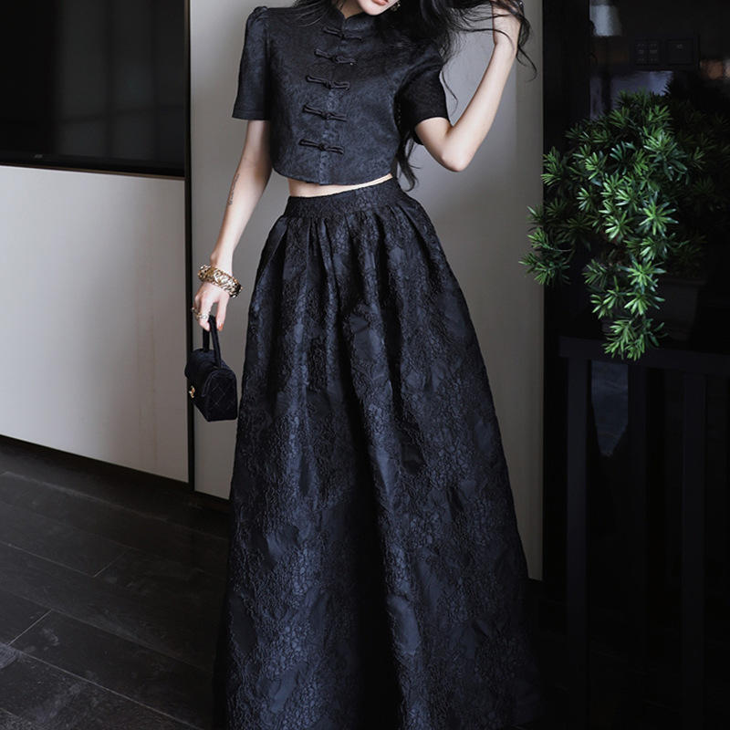 赵 黑色国风新中式短外套套装女夏名媛气质半身裙复古两件套