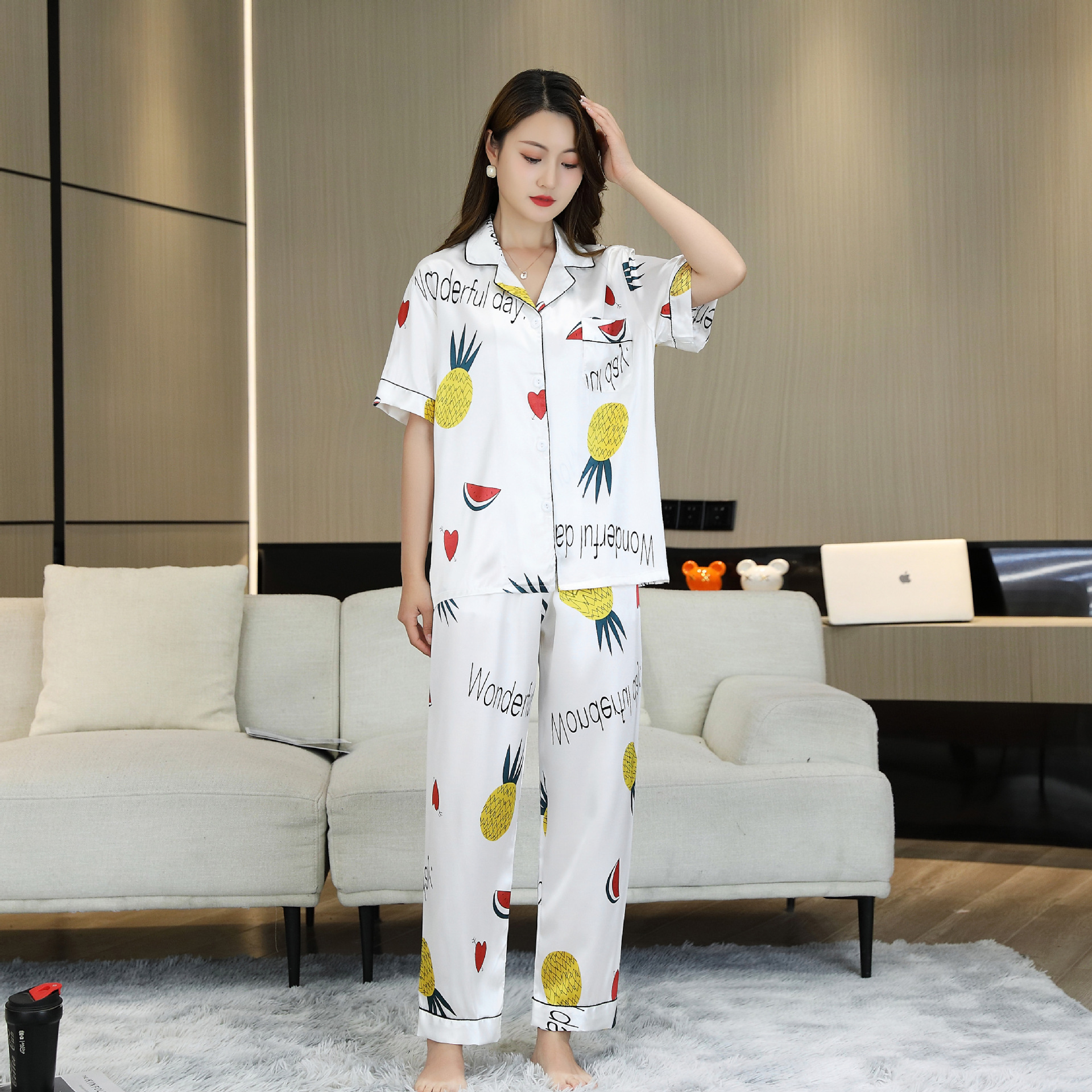2023 New Pajamas Women's Summer Thin Ice Silk High-Grade Short-Sleeved Trousers Shell High-Grade Home Wear