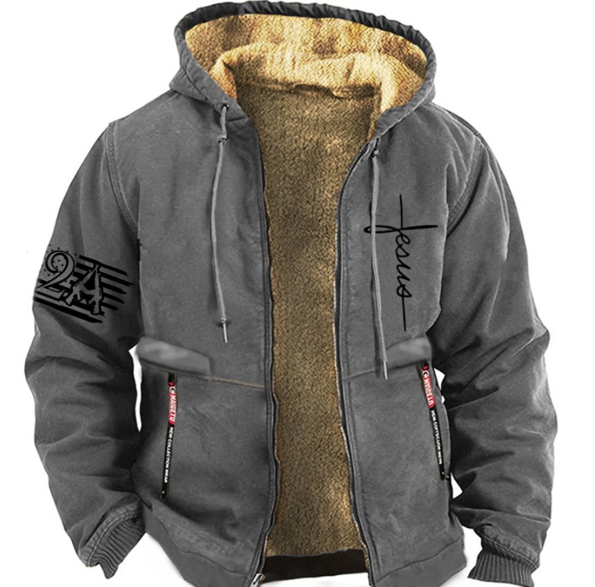 Cross-Border Lambswool Men's Sweater Autumn and Winter Fleece-lined Thickened Hooded Sportswear Casual Cardigan Warm Coat