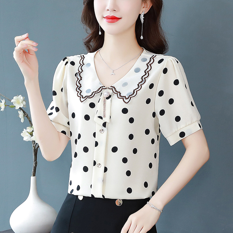 2023 Summer New Fashion Korean Style Mom Graceful and Fashionable Doll Collar Polka Dot Shirt Women's Short Sleeve Chiffon Shirt