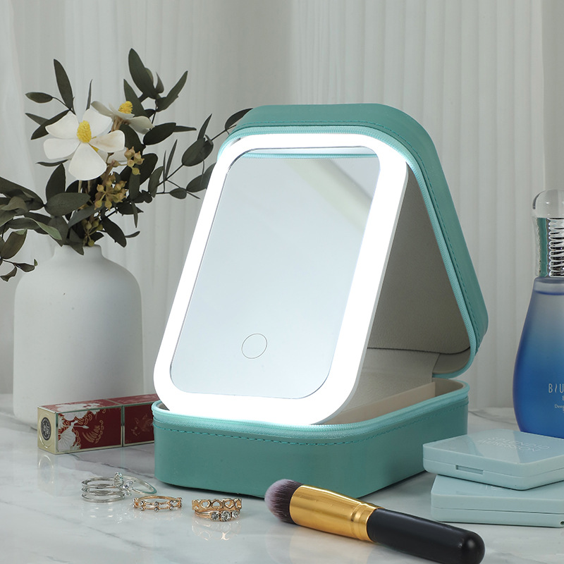 Cosmetic Mirror Folding Portable Integrated with Light Mirror Multi-Functional Desktop Cosmetic Case Travel Jewelry Storage Box