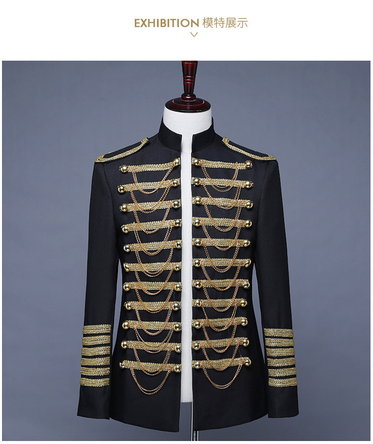 男士军装西服套装黑红镶金属链子欧式宫廷演出服男士军礼服表演服