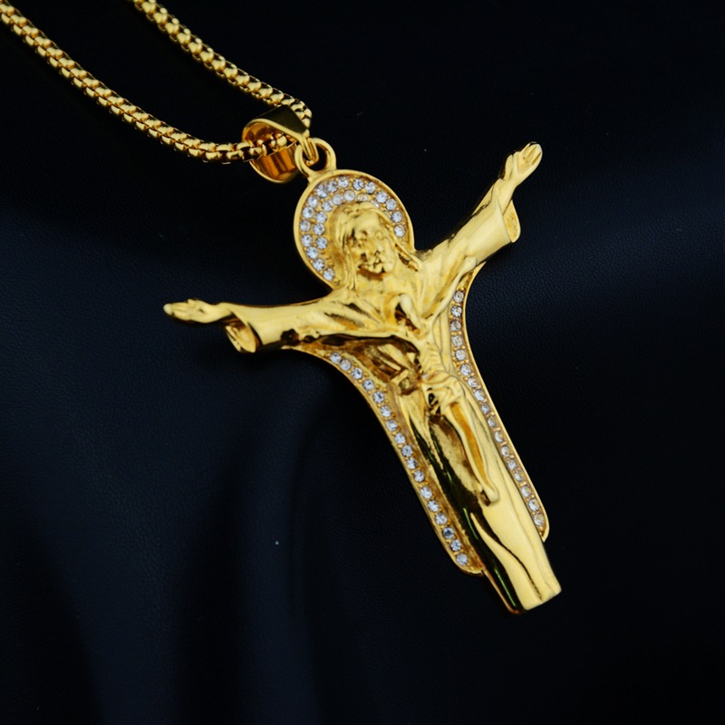 欧美跨境外贸爆款耶稣镶钻吊坠时尚潮流百搭个性男女钛钢项链