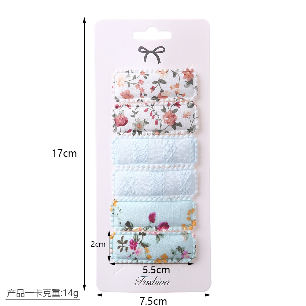 6-Piece Set Square BB Clip Sweet Flowers Embroidery Cloth Hairpin Sweet Girl's Hair Hoop Baby Does Not Hurt Hair Side Clip