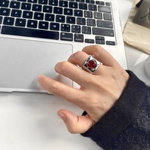 S925纯银宽版红宝石戒指女欧美轻奢小众设计感复古时尚气质指环女