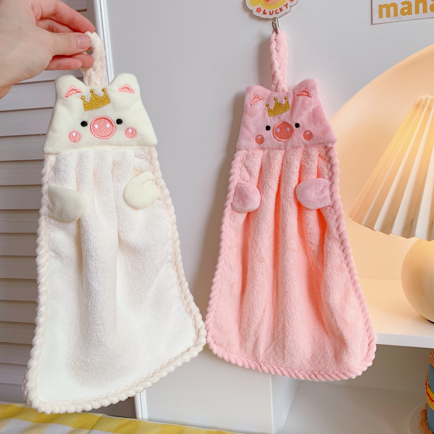 Hanging Coral Fleece Thickened Hand Towel Cute Pig Cartoon Soft Cute Absorbent Towel Kitchen Lint-Free Cloth