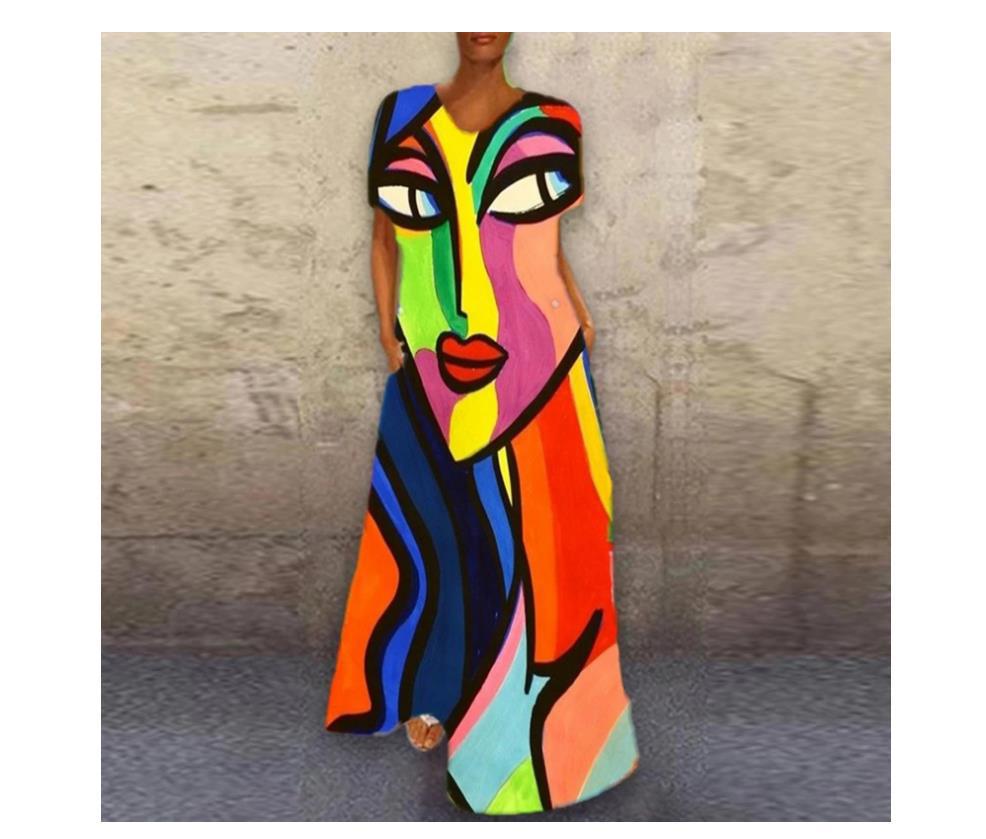 跨境2021欧美新款女士抽象人脸印花蓬蓬裙公主裙欧美休闲连衣裙潮