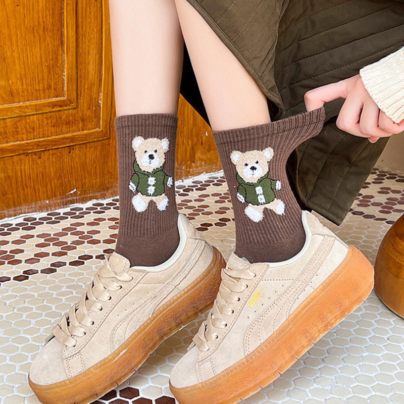 Autumn and Winter Bear Socks Women's Mid Tube Stockings Thickened Long Socks Japanese Cute Casual Cotton Socks Ins Trendy All-Matching Loose Socks